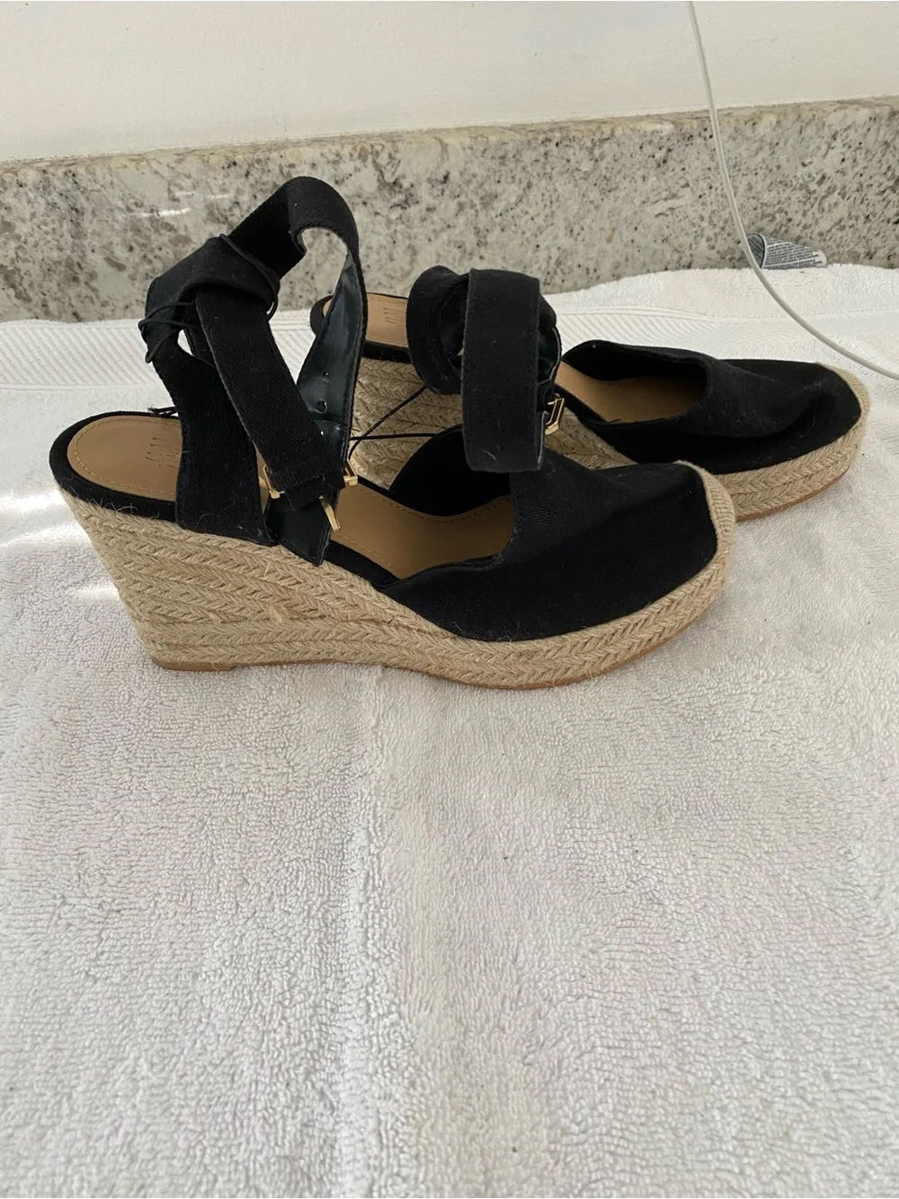 NEW H&M Black Espadrille Wedge Sandals with Ankle Strap SZ 8